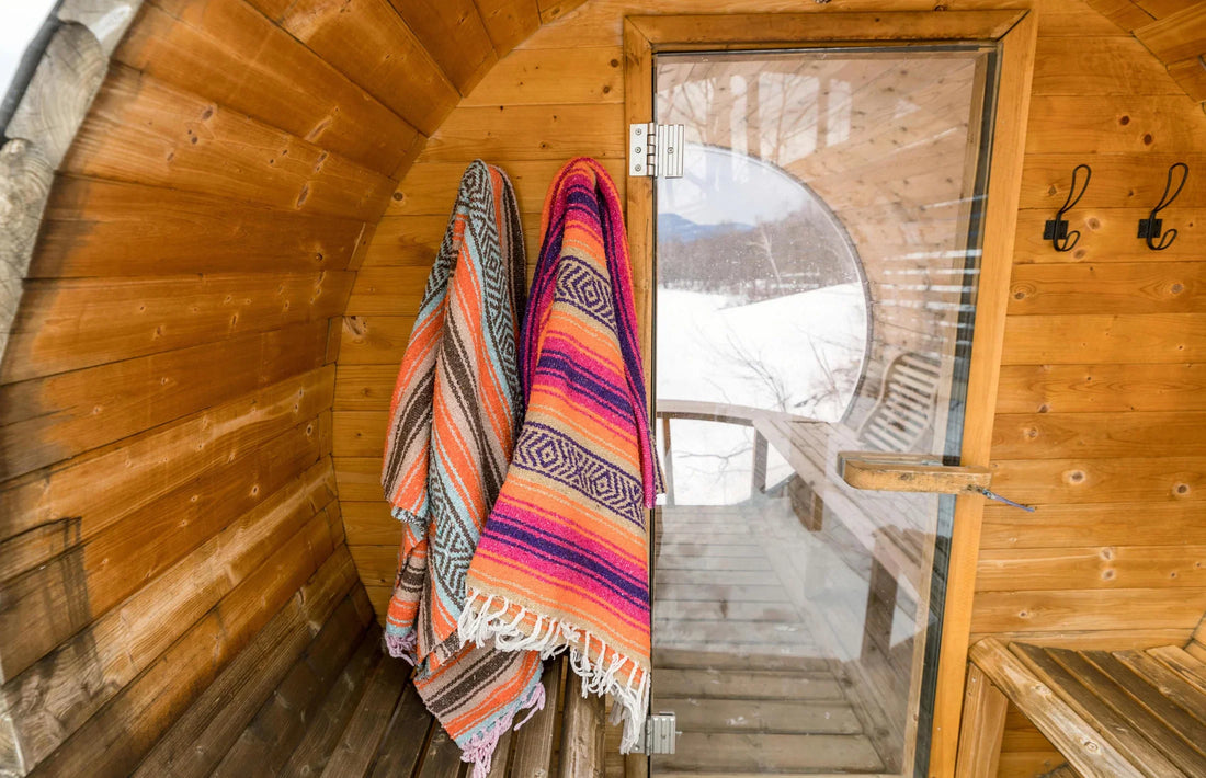 Sauna with colorful towels hanging